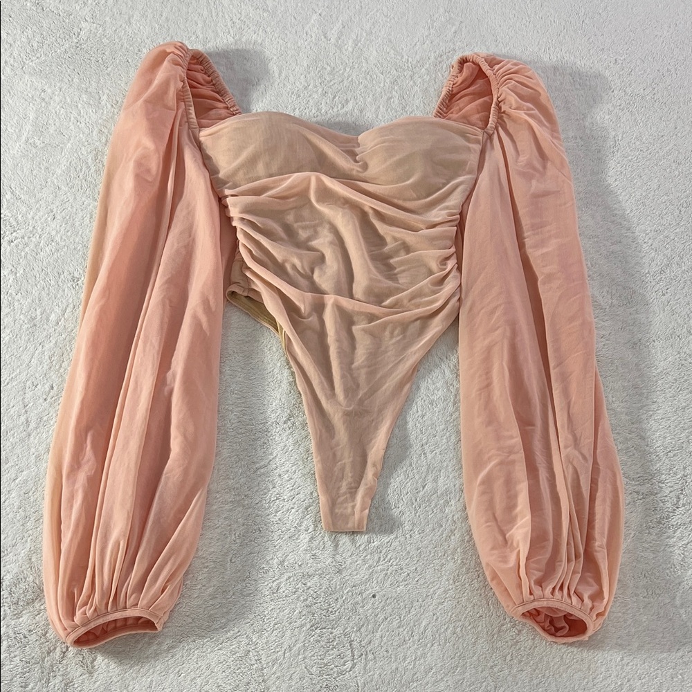 Oh Polly Peach Ruched Off-Shoulder Bodysuit